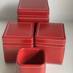 Vintage Wolf Designs Red Bonded Leather 4 Piece Desk Organizer Set Storage AS IS