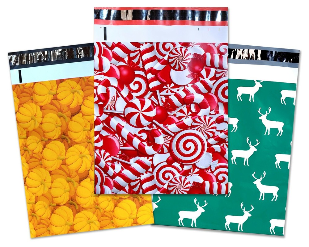 10×13″ Fall, Winter, Christmas Candy Cane, Pumpkin, Deer Poly Shipping Mailers