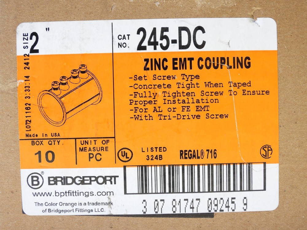 (40 Pieces) Bridgeport 245-DC 2″ Diecast EMT Set Screw Conduit Coupling Zinc