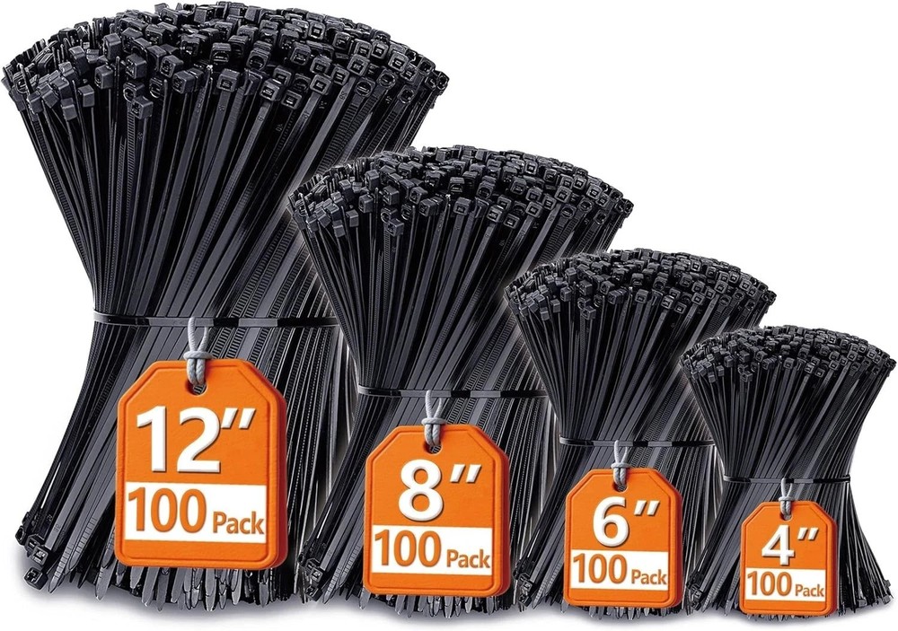 Zip Cable Ties Assorted Sizes(4”+6”+8”+12”) Heavy duty Nylon Black UV Resistant