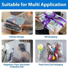 12 x 15 Clear Plastic T-Shirt Bags with Clothing Size Stickers, 100 Pcs Cel