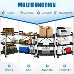 Folding Collapsible Utility Service Cart 3 Shelf 150LB w/ Swivel Lockable Wheels