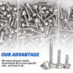 250Pcs Steel Self Drilling Tapping Screws-Hex-Washer Head Sheet Metal Assortment