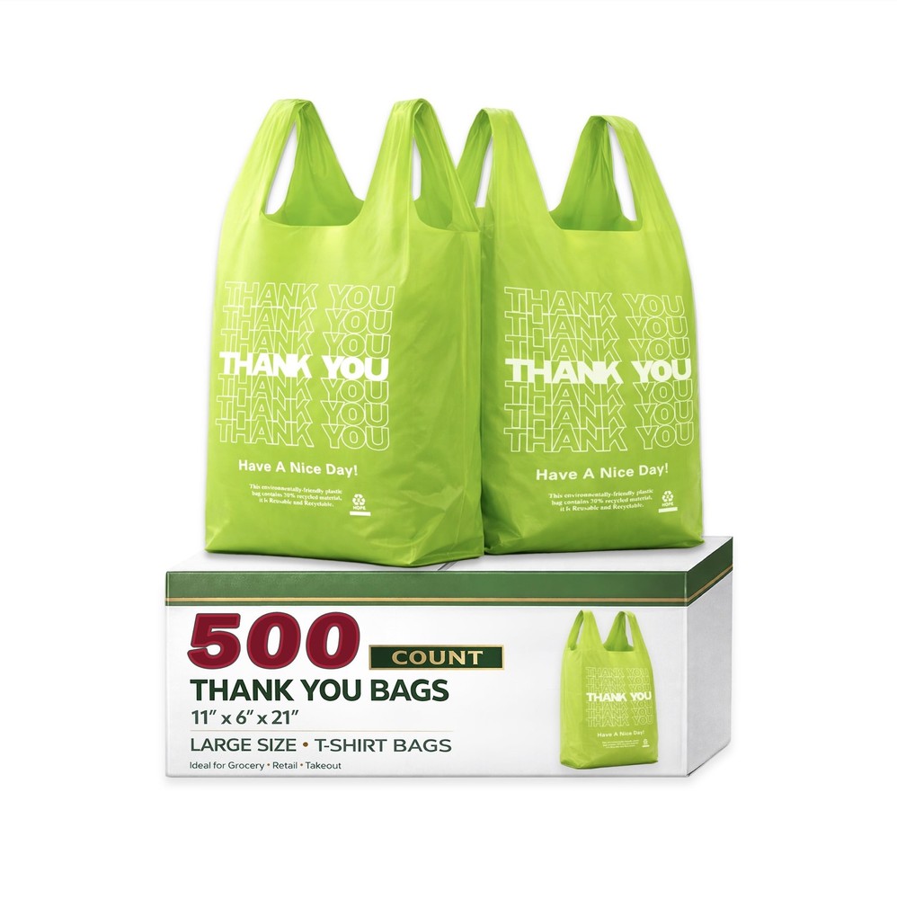 500 Count Plastic T-Shirt Bags, 11″ x 6″ x 21″, Green, Grocery & Take-Out Sho…