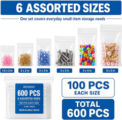 600 Pack Small Plastic Baggies 6 Assorted Sizes. 1.5X2 2X2 2X3 3X3 3X4 3X5 Inch