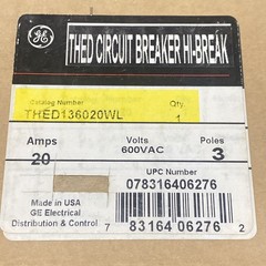 GE THED136020WL Circuit Breaker 20 amp, 3 pole, 600VAC NEW. V24