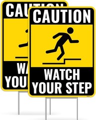 2PC Watch Your Step Sign with Metal Stakes, 12 Inches by 9 Inches – Corrugated P