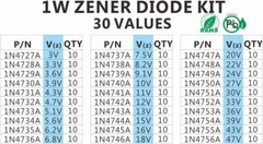 30 Values Zener Diode Assorted Kit 1W 300Pcs 3V to 47V Diodes Set