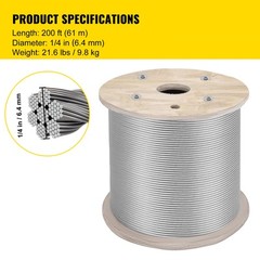 VEVOR T304 Stainless Steel Cable 1/4″ 7×19 Steel Wire Rope 200ft Cable Railing