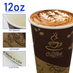 12 oz Disposable Paper Cups Coffee Bean Design for Cold/Hot Drinking 50-500 Pack
